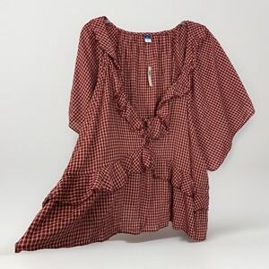 Old Navy Plus 4X Plaid Ruffle V-Neck Flutter Sleeve Peplum Blouse Burgundy